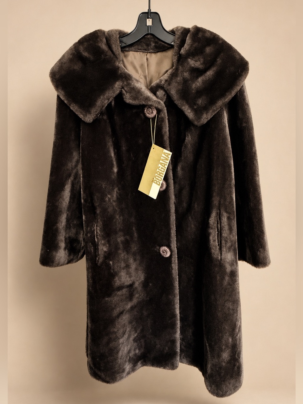 Vintage Sportowne Borgana Faux Fur Coat Brown Size 16 USA Original Tag